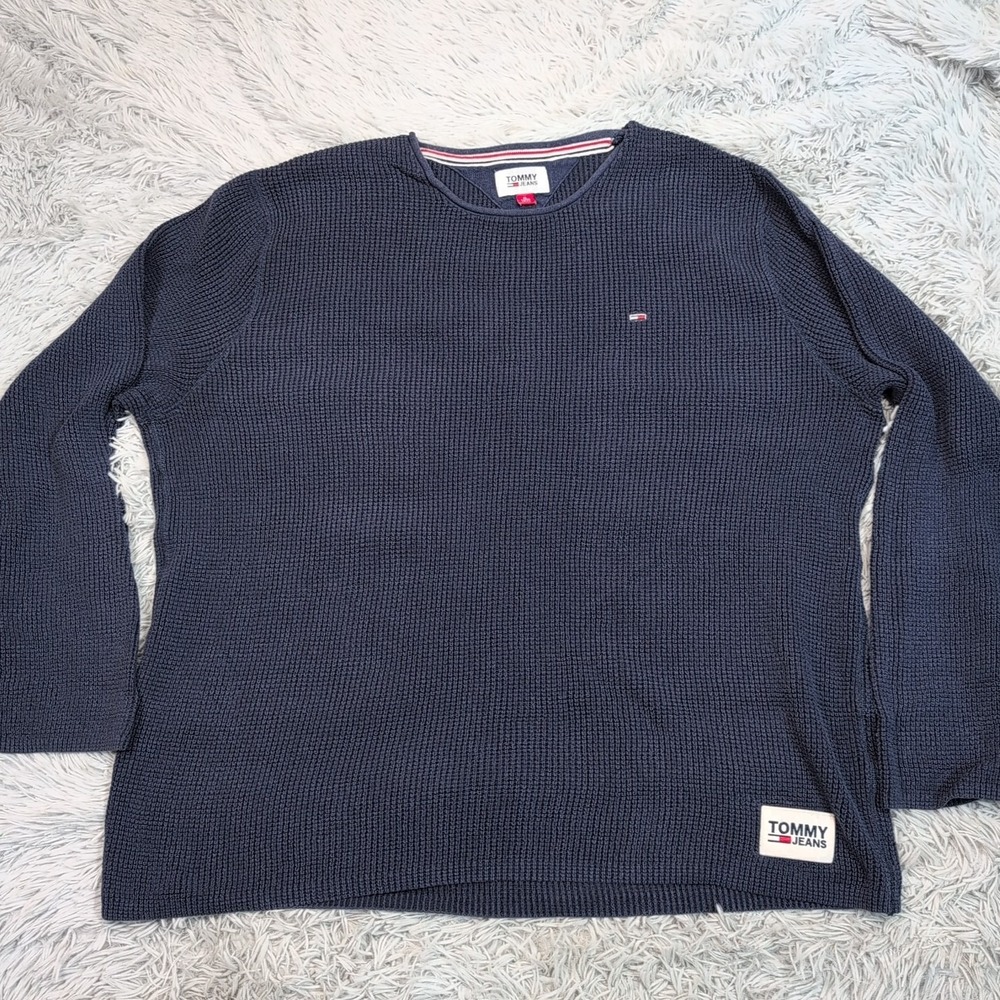 Tommy Jeans Sweater Mens XL Blue Logo Flag Preppy Casual Comfort Cozy Waffle